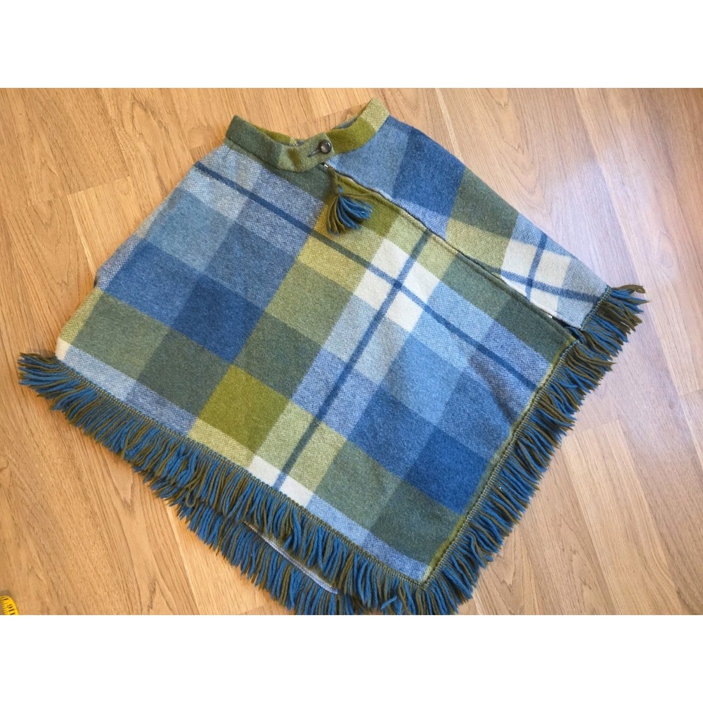 PIONEER WEAR Vintage 1970s Blue/green Plaid Women's Zip Wool Cape Poncho Large